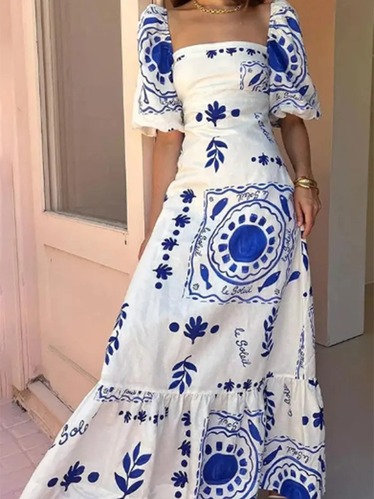 Floral Print Bubble Short Sleeved One Neck Loose Women's Dress Dating Vacation Fresh Sweet Style Summer Dresses