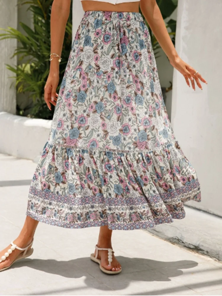 Lace Up Micro Elastic Long Skirt Floral Print Women's Half Skirt Vacation Casual Bohemian Style Summer Half Skirt
