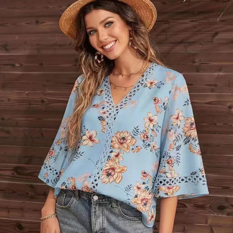 Boho Floral V Neck Top Half Sleeves Lace Details Multi Color Options for Beach Days Music Festivals Trendy Outfits