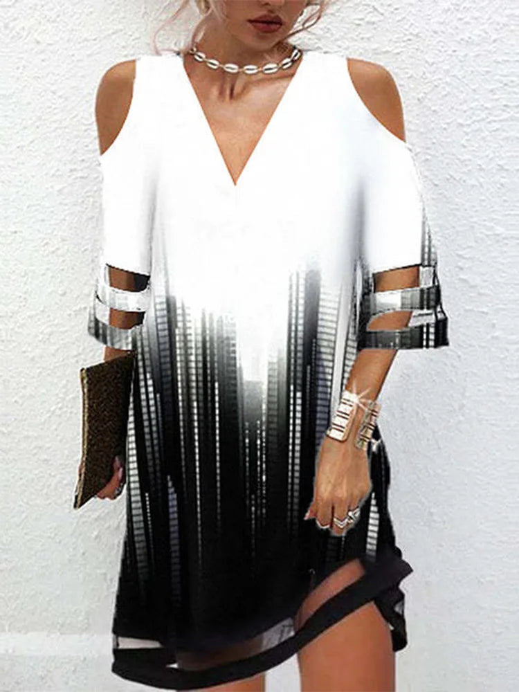 Retro Geometric Print Dress Women's Off Shoulder V-Neck Mini Dresses Party Club Dress