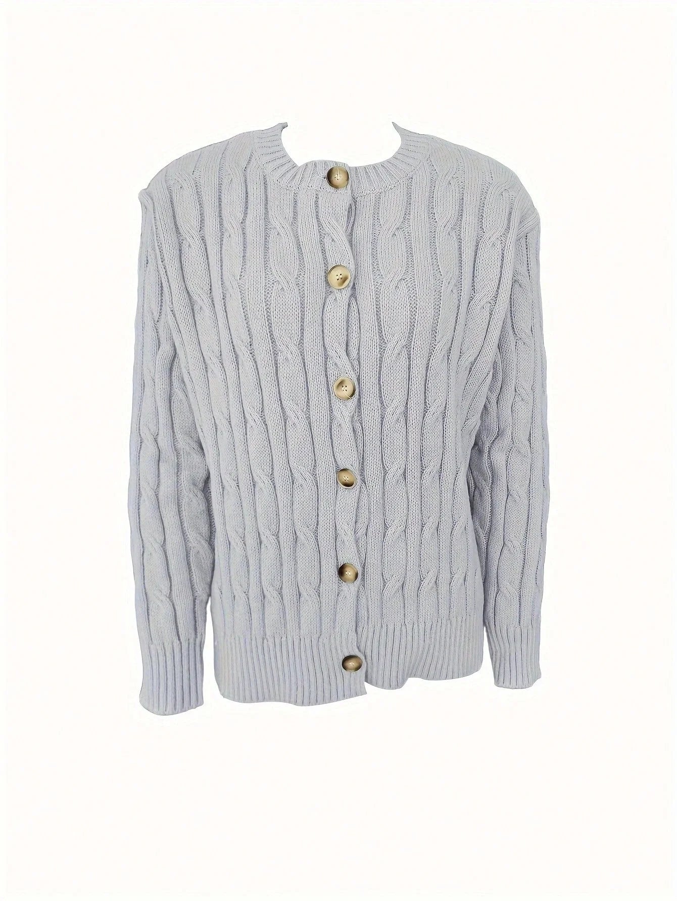 Winter Clothes Woman Light Gray Cable Knit Cardigan Button Front Pocket Detail, Ideal for Casual Outings Cozy Styles