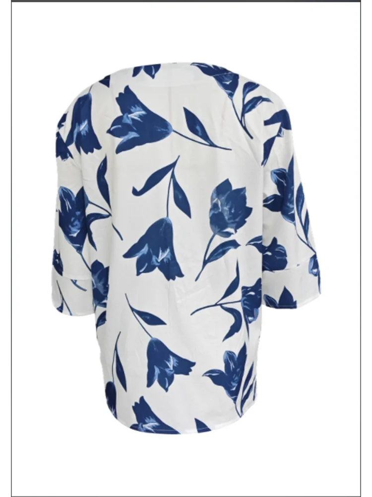 White Printed Long Sleeve Blouse Lady V-Neck Button Up Shirt Elegant Temperament Fashion Autumn Top