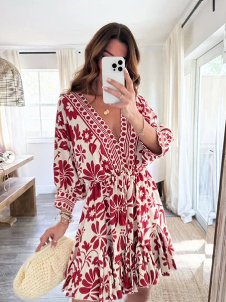 Women's Red and White Floral Print Dress Deep V-neck, Drawstring Waist Ruffled Hem Ideal for Beach Parties Bohemian style Outing