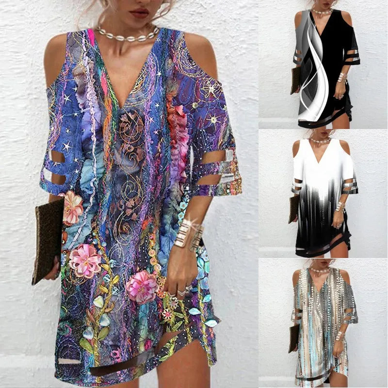 Retro Geometric Print Dress Women's Off Shoulder V-Neck Mini Dresses Party Club Dress