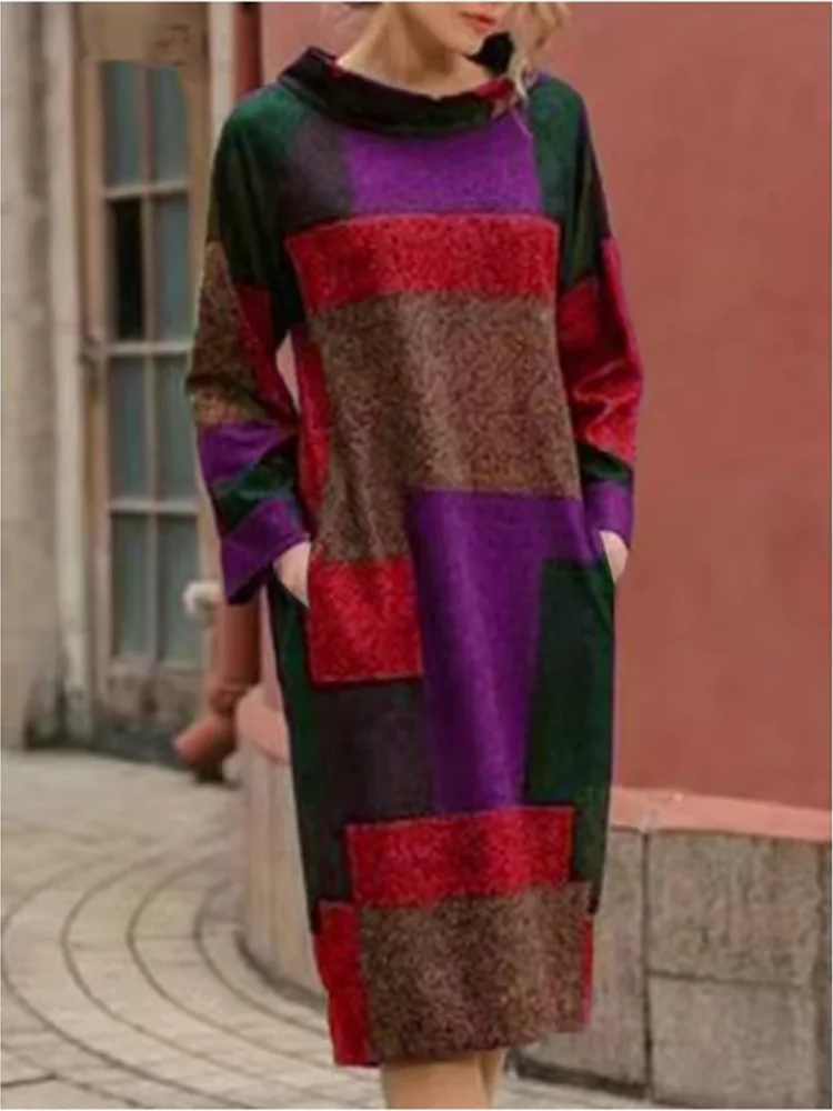 Stylish Pocket Semi High Neck Long Sleeved Checkered Printed Women's Dress Fashion High Street Elegant Casual Autumn Dresses