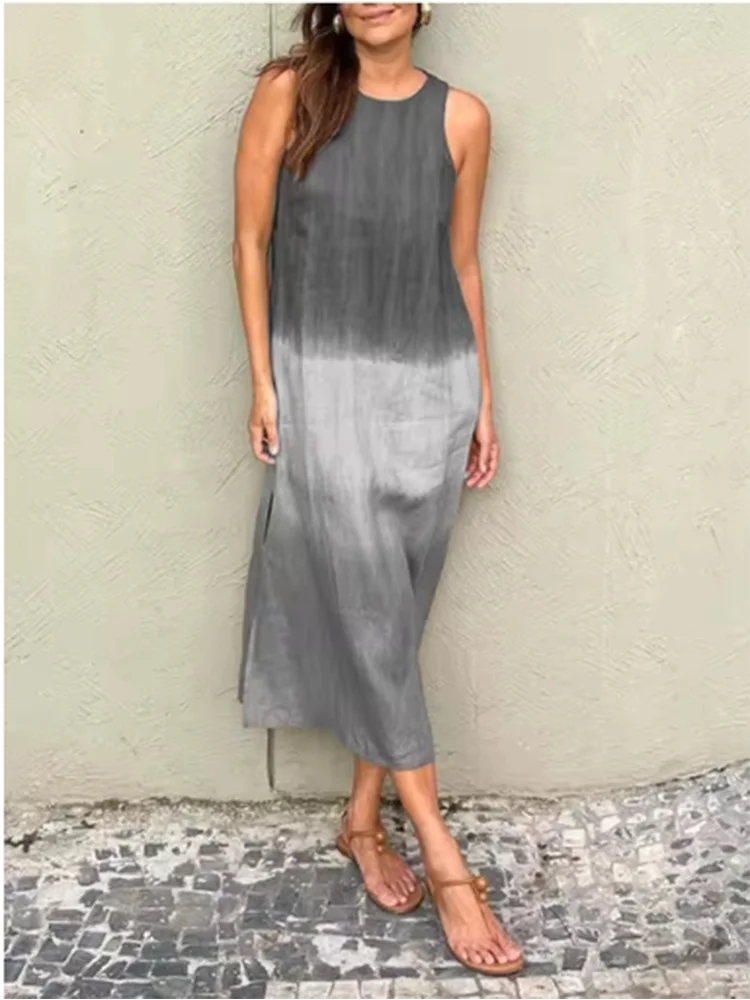 Fashion Vest Long Dress Women Summer Sleeveless o Neck Dress Summer Gradient Casual Dresses