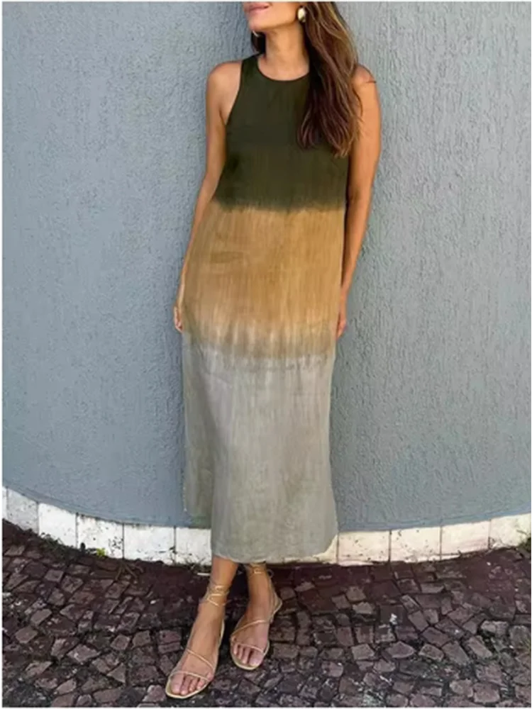 Fashion Vest Long Dress Women Summer Sleeveless o Neck Dress Summer Gradient Casual Dresses