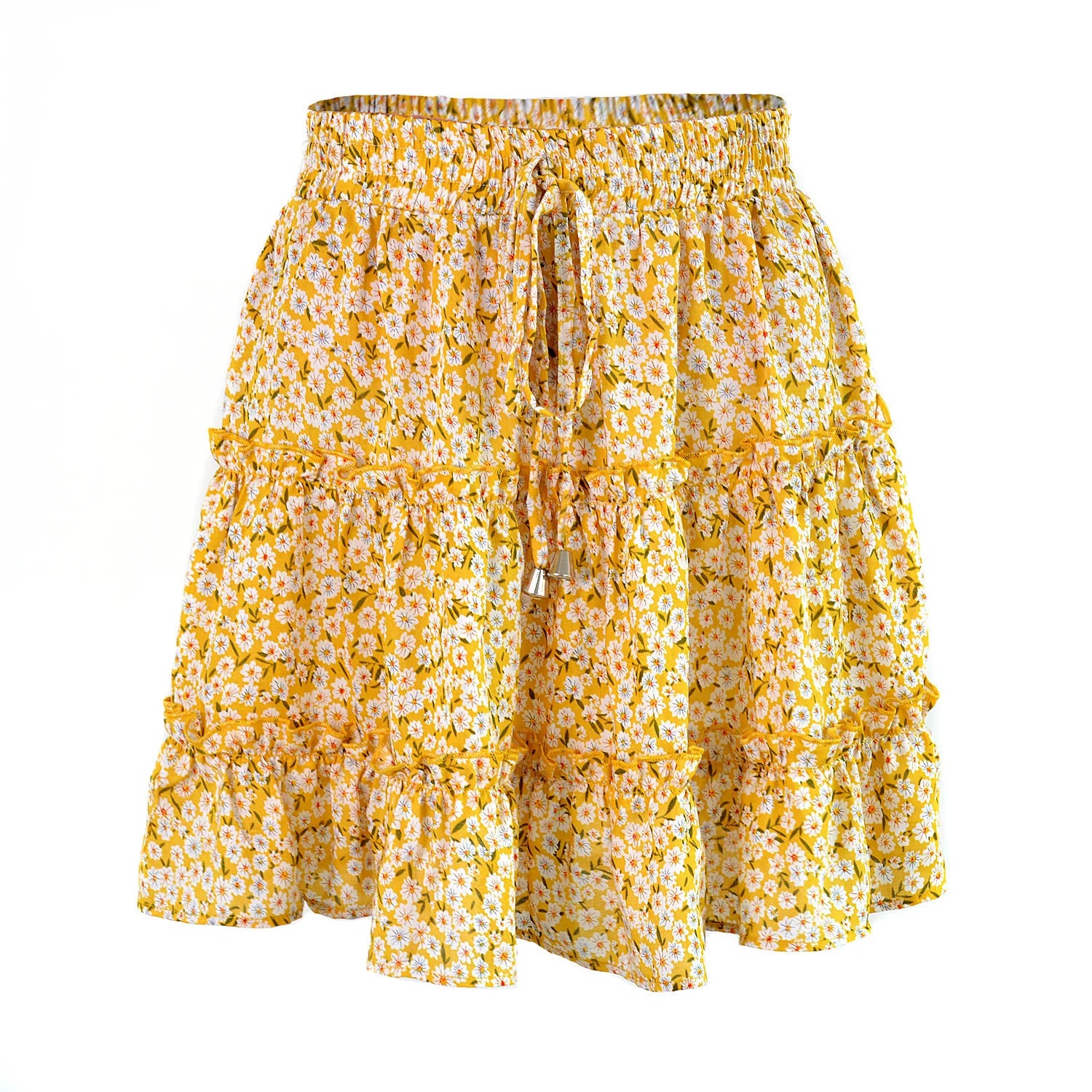 Drawstring Floral Skirt for Women's Beach Summer Tiered Ruffle Mini Design