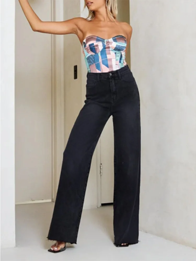 Pocket Button Pants High Waisted Solid Color Women's Jeans Street Fashion Daily Casual Commuting Style Autumn Straight Leg Pants