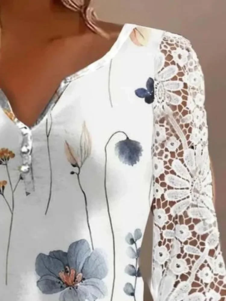 V Neck Elegant Floral Blouse Women Lace Long Sleeve Tops Office Lady 2024 Spring Casual Buttons Shirts