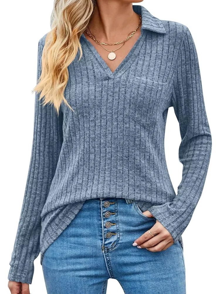 6-Color Knitted Polo Collar Top Women's Long Sleeve Striped T-shirt Spring and Autumn Comfortable Clothes 2024 New