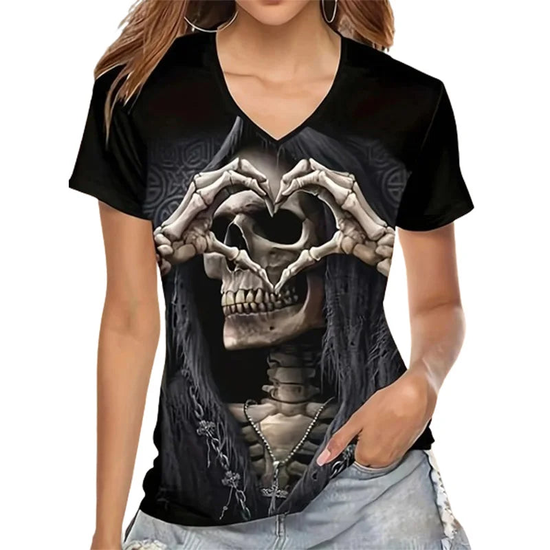 Chic Skull Black T-shirt Women's  V Neck Short Sleeve Summer Casual Print T-shirt Pullover
