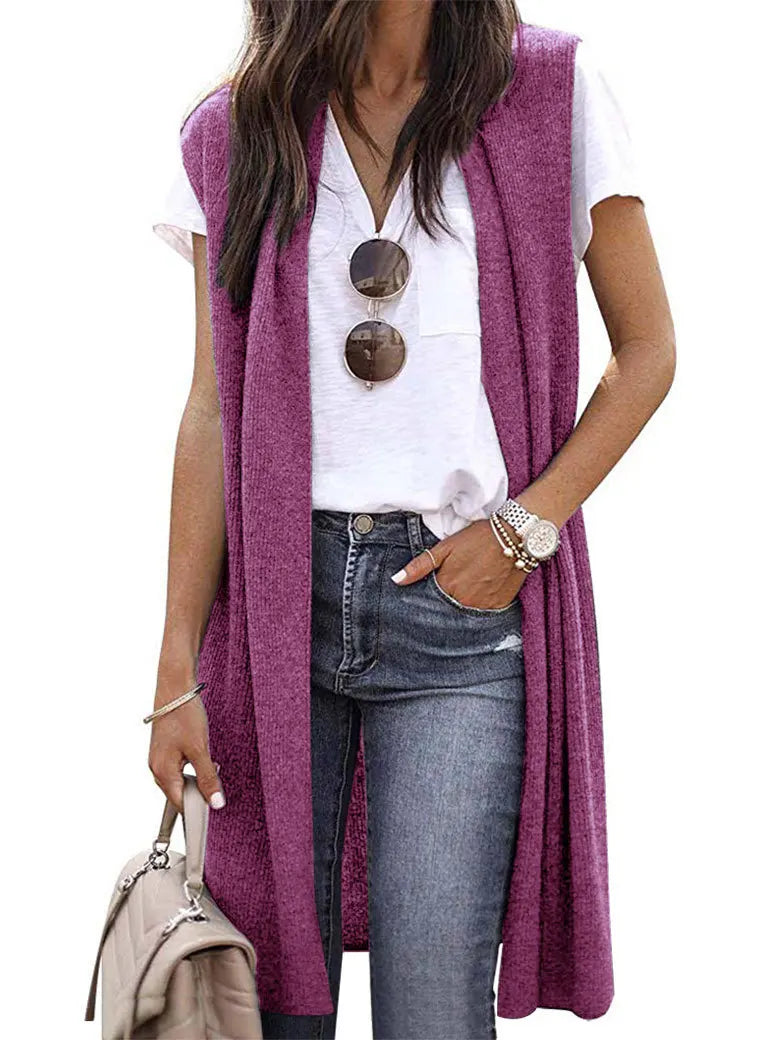 Woman Sleeveless Long Knit Cardigan Open Front Relaxed Fit Multi Color Options for Casual Chic Layering Looks Daily Wear