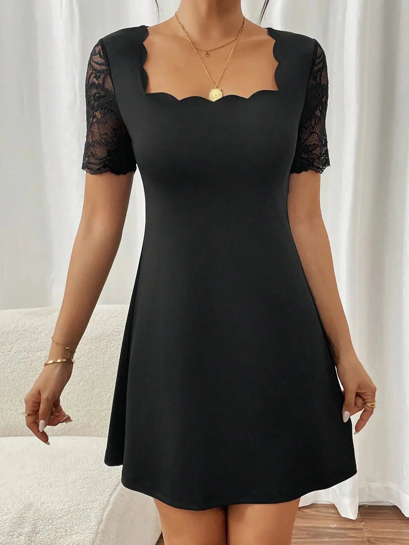 Women's Black Scalloped Neckline Dress with Lace Short Sleeves Elegant Fit  Ideal for Cocktail Parties Date Nights Evening Event