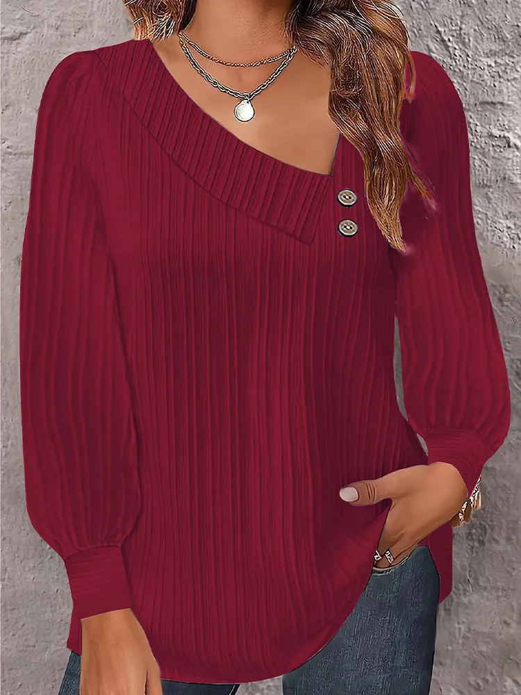 Asymmetric Collar Button Top Women's Long Sleeve Textured Shirt Autumn Casual Daily T-Shirt