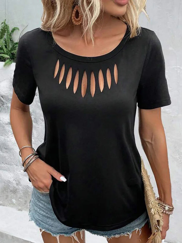Minimalist Black T-shirt Women's Round Neck Hollow Short Sleeve Summer Sexy Casual Tee