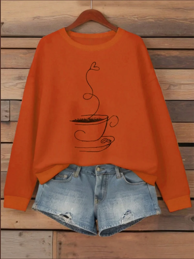Geometric Print Long Sleeved Orange Round Neck Women's T-shirt Street Versatile Casual Comfortable Autumn Top