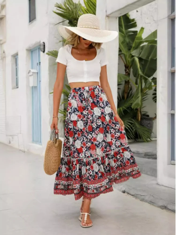Lace Up Micro Elastic Long Skirt Floral Print Women's Half Skirt Vacation Casual Bohemian Style Summer Half Skirt