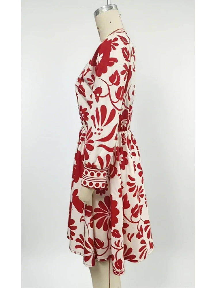 Women's Red and White Floral Print Dress Deep V-neck, Drawstring Waist Ruffled Hem Ideal for Beach Parties Bohemian style Outing