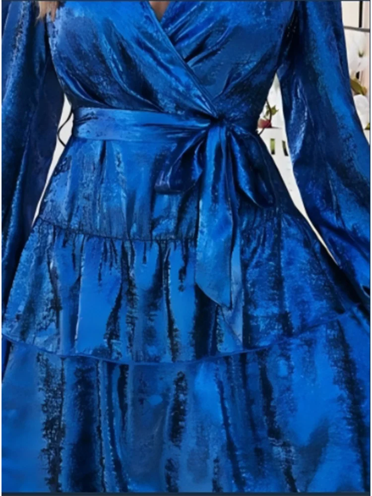 Blue Bubble Long Sleeved Lace Up V-neck Dress Women's Dating Daily Elegant Dress Autumn Party Dresses