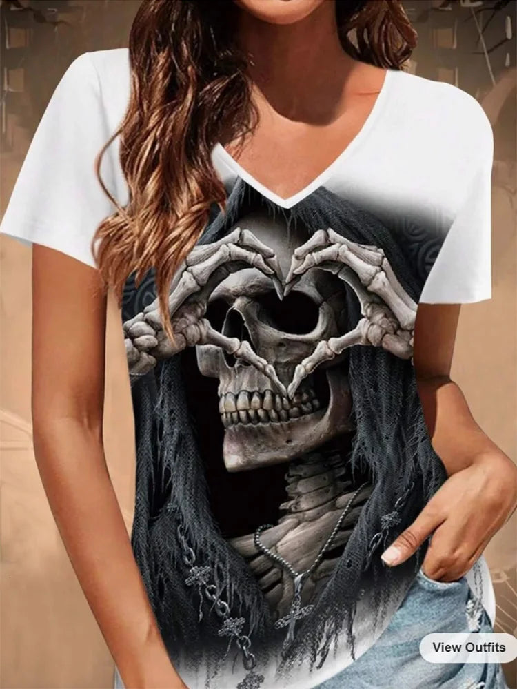Chic Skull Black T-shirt Women's  V Neck Short Sleeve Summer Casual Print T-shirt Pullover