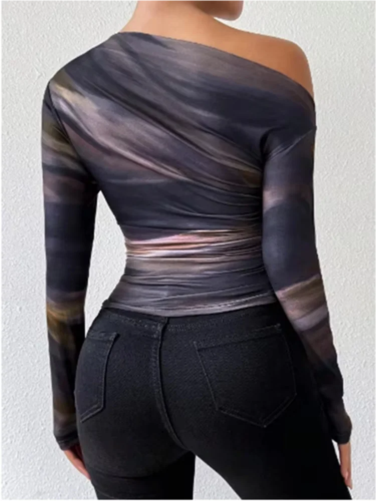 Women's Slim Fit Elegant Long Sleeved Diagonal Collar T-shirt Printed Street Sexy Versatile Autumn Top