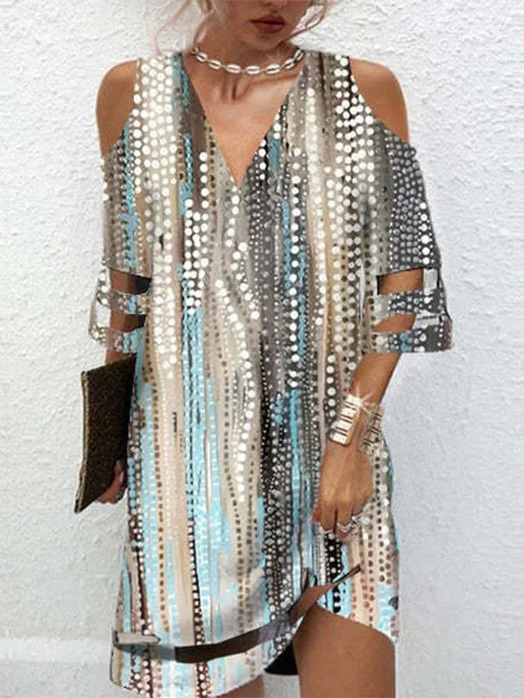 Retro Geometric Print Dress Women's Off Shoulder V-Neck Mini Dresses Party Club Dress