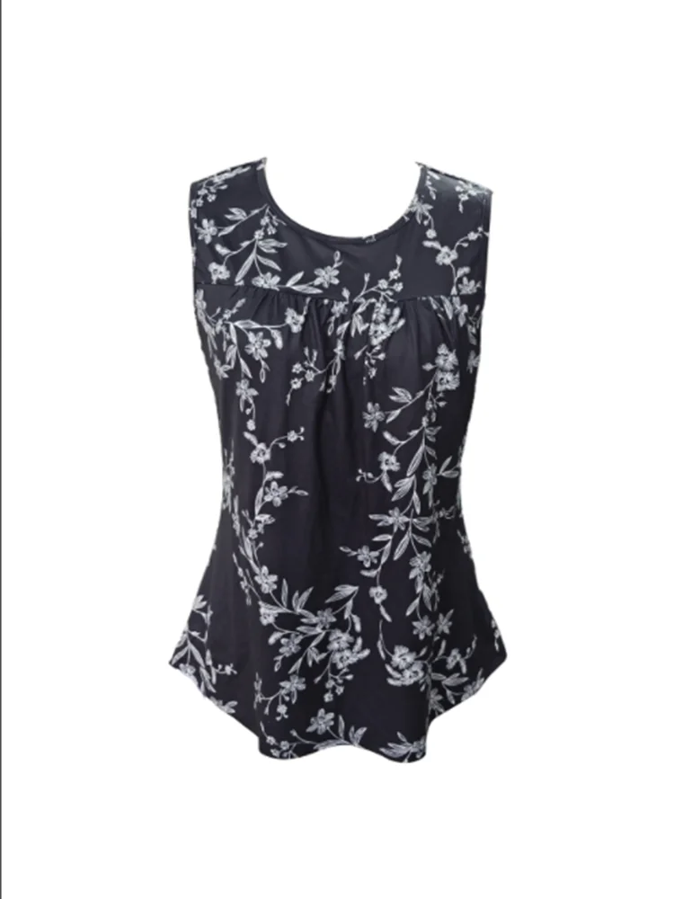 2024 New Round Neck Sleeveless Vest Women Fashion Floral Print Black t Shirts Summer Loose Casual Top