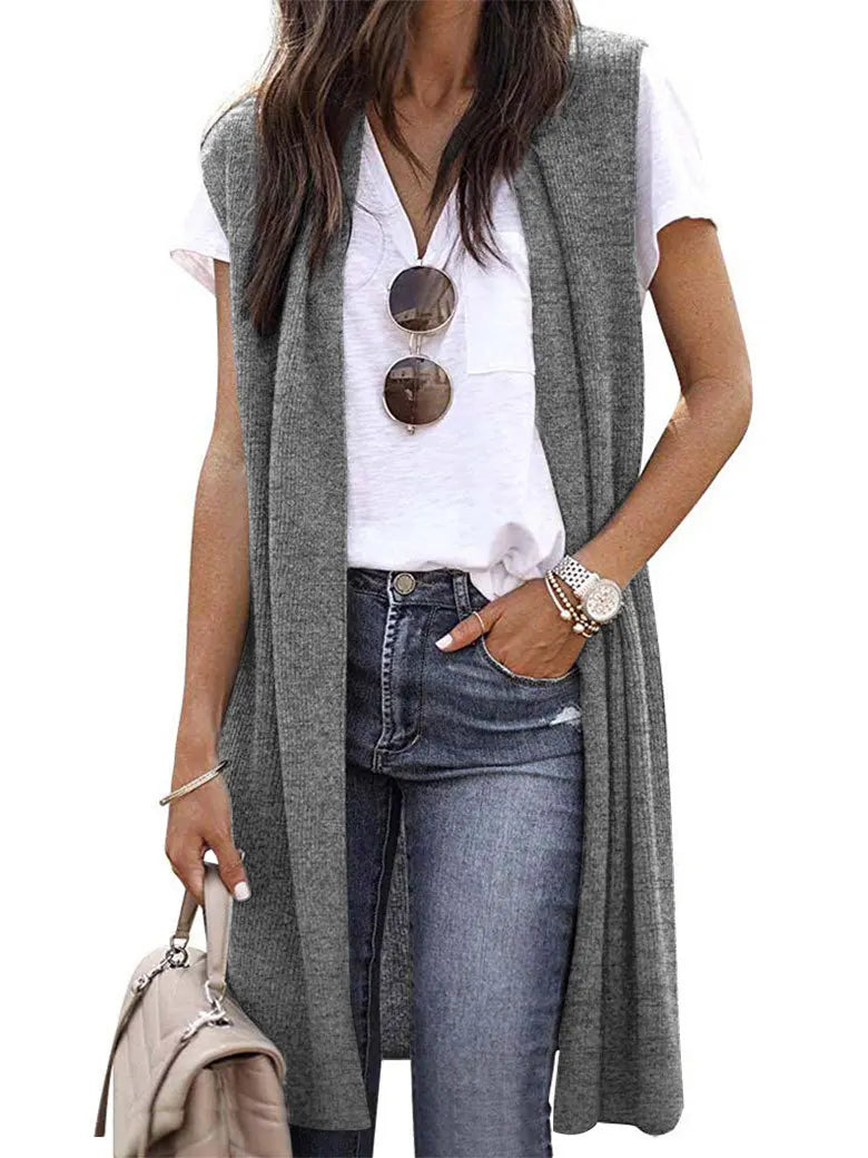 Woman Sleeveless Long Knit Cardigan Open Front Relaxed Fit Multi Color Options for Casual Chic Layering Looks Daily Wear