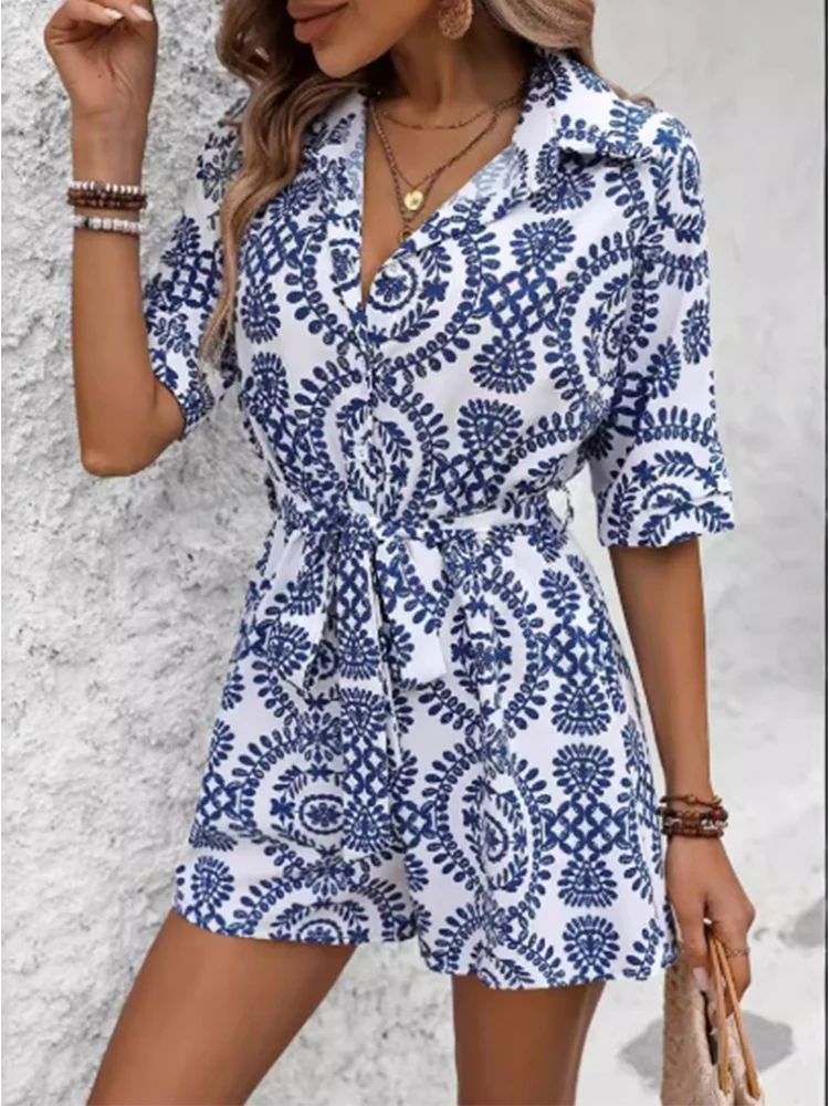 Button Lace Up V-neck Short Sleeved Floral Print Women's Dress Street Fashion Elegant Fresh Style Summer Dress