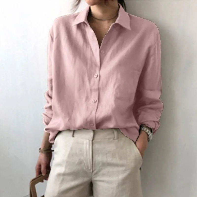 Women's Long-Sleeved Collared Button Comfortable Casual Blouse Spring Office Cotton-Linen  POLO Shirt