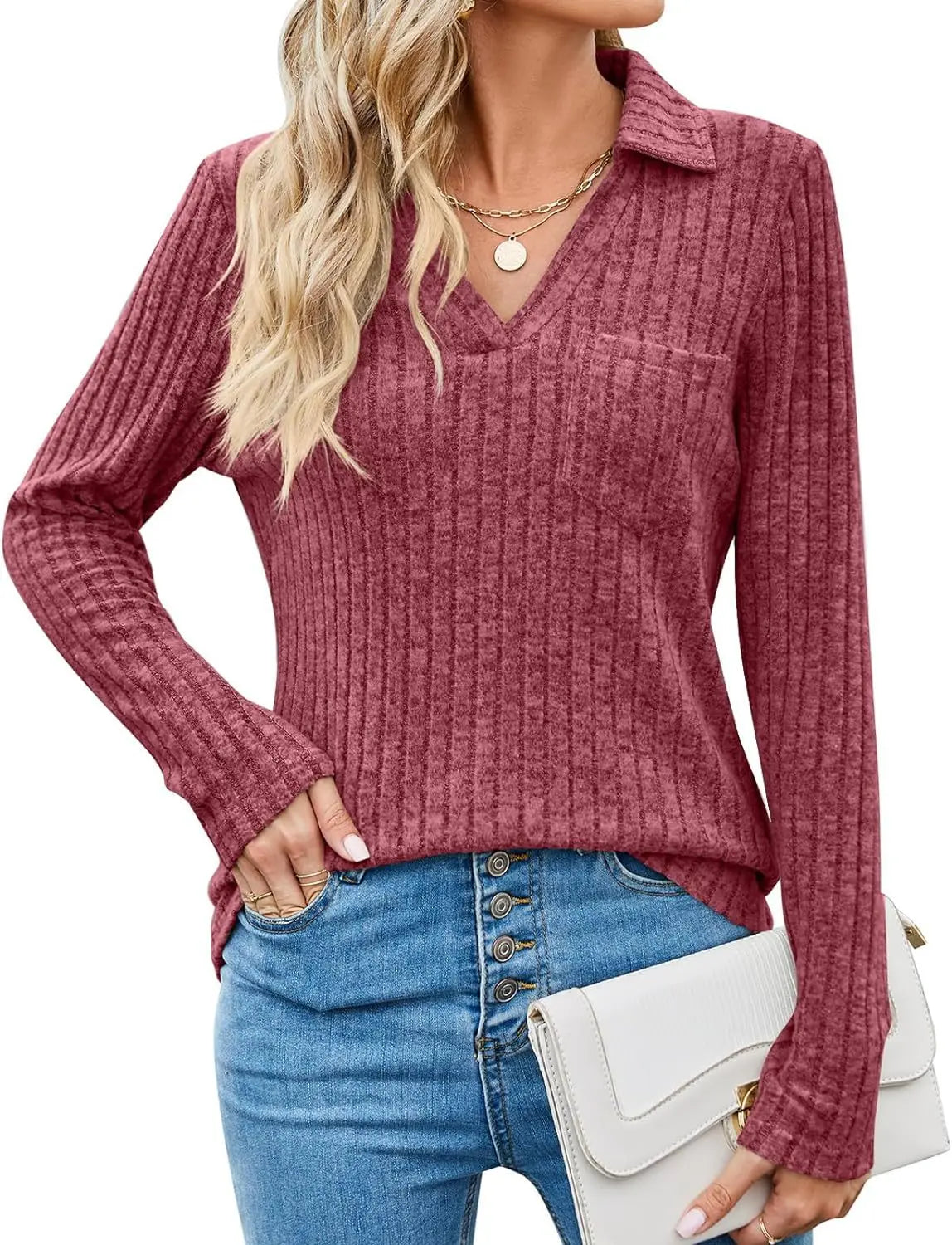 6-Color Knitted Polo Collar Top Women's Long Sleeve Striped T-shirt Spring and Autumn Comfortable Clothes 2024 New