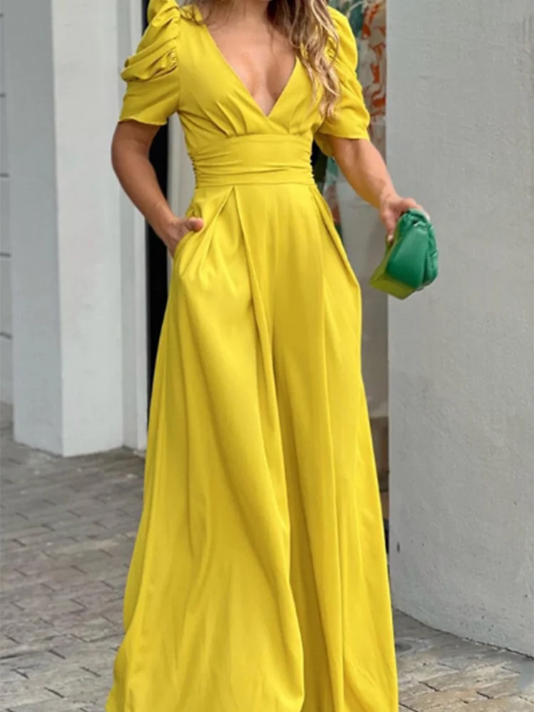 High Waisted Solid Color Bubble Short Sleeved V-neck Pleated Women's Dress Daily Office Elegant Commuting Style Summer Dress