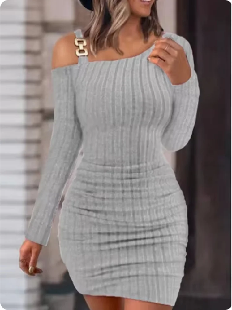 Metal Chain Solid Color Slim Dresses Women's Long Sleeved Sloping Collar Off Shoulder Dress Sexy Elegant Autumn Dress