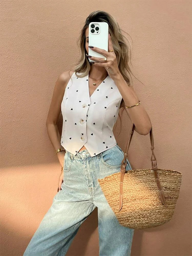 Women's White Heart Print Vest Sleeveless V-Neck Button Front Ideal for Casual Outings Street Styles Trendy Looks