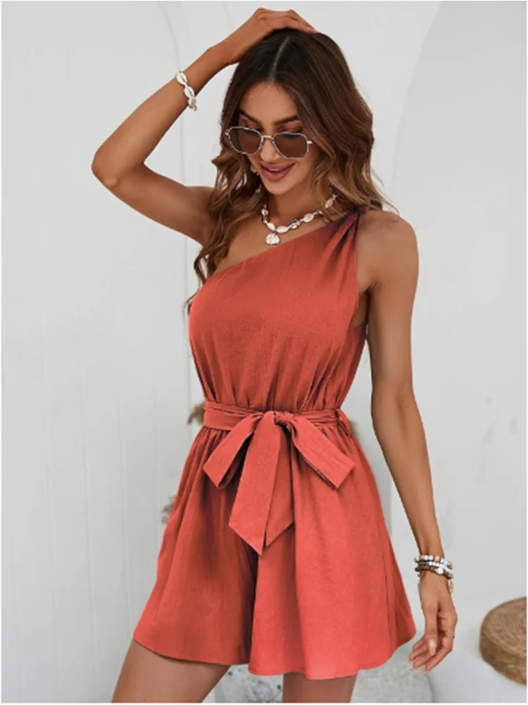 Slant Collar Lace Up Long Sleeved Sleeveless Solid Color Sexy Women's Dress Versatile Dating Elegant Daily Summer Dress