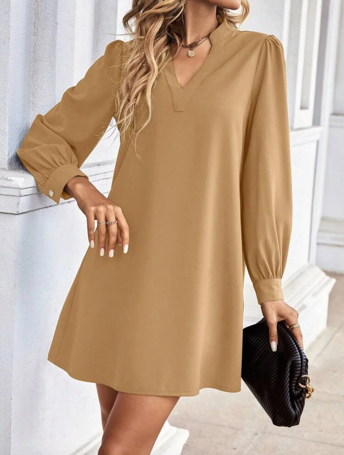 Office Lady Shirt Style Dresses Women's V-neck Long Sleeved Mini Dress Spring Autumn Solid Color Work Clothes