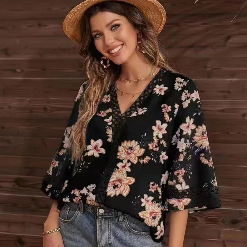 Boho Floral V Neck Top Half Sleeves Lace Details Multi Color Options for Beach Days Music Festivals Trendy Outfits