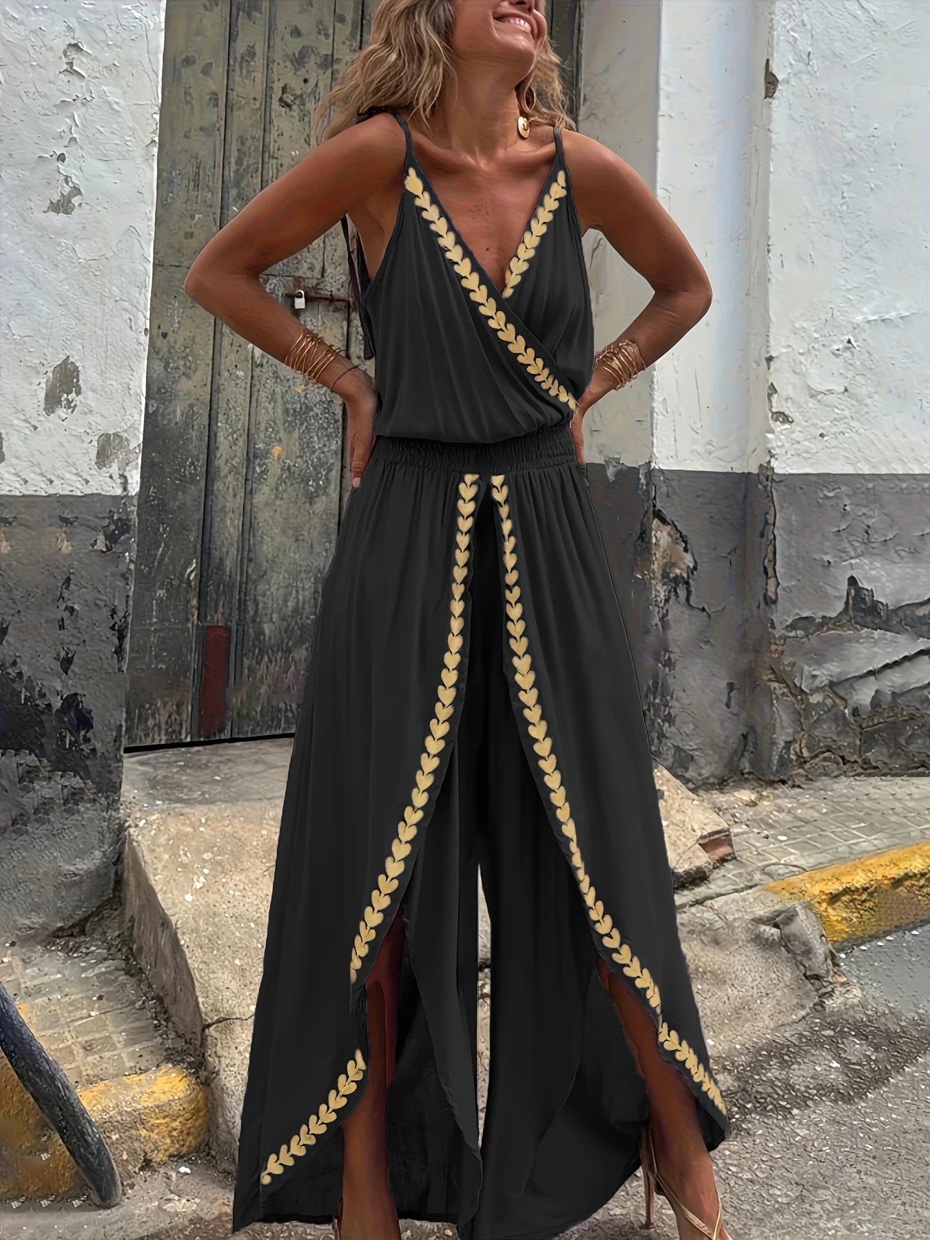 Women's Purple Jumpsuit Trimmed Wrap V-Neck High Waist Split Legs Ideal for Beach Vacations Evening Strolls Bohemian Styles