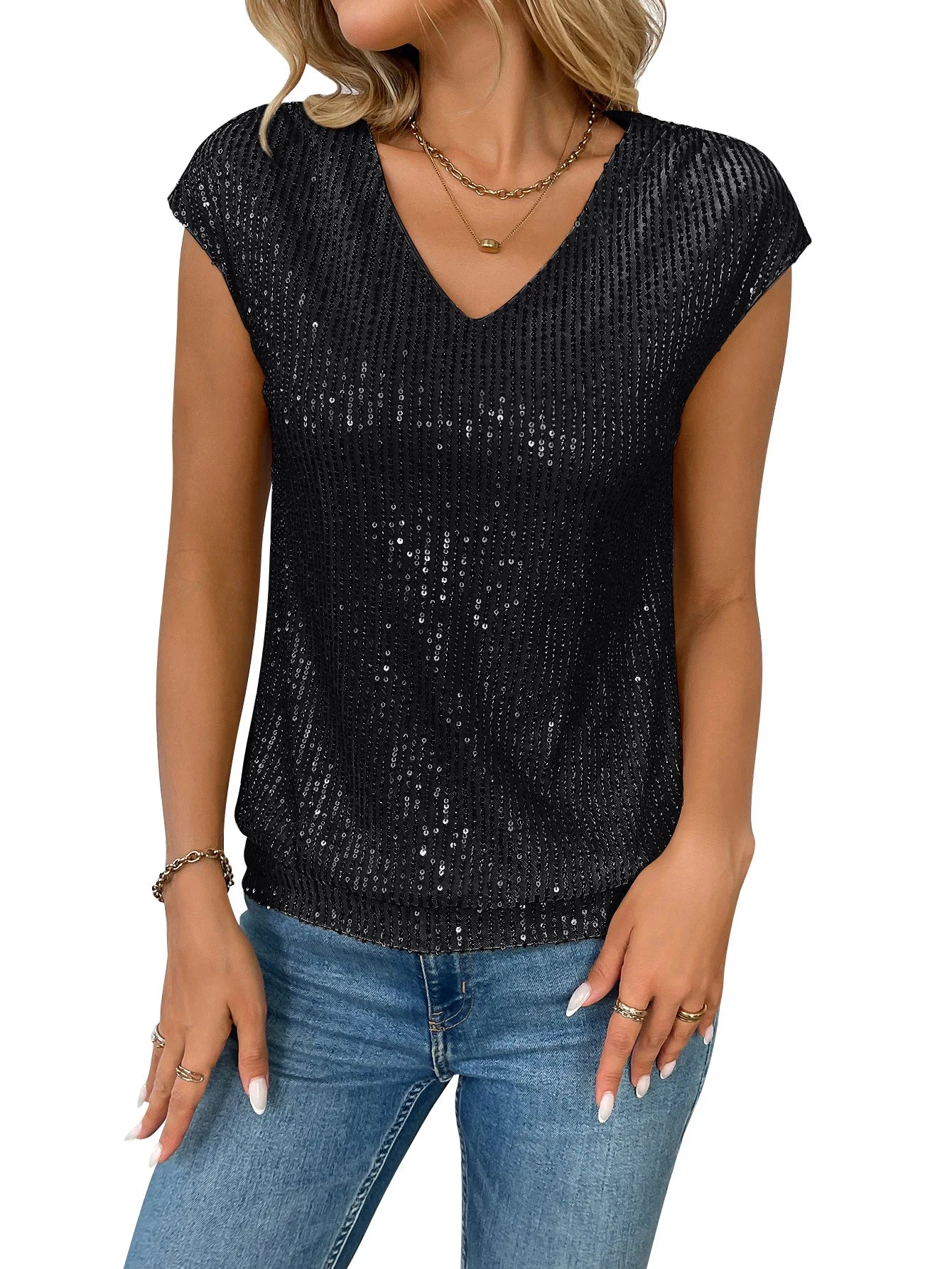 Women's Sparkly Sequin Top V-Neck Cap Sleeve for Stylish Office Days