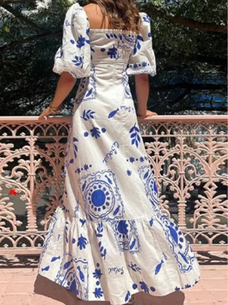 Floral Print Bubble Short Sleeved One Neck Loose Women's Dress Dating Vacation Fresh Sweet Style Summer Dresses