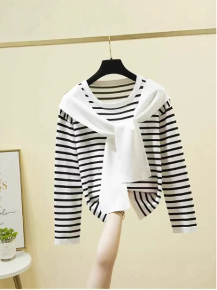 2 In 1 Striped Long Sleeved Navy Collar Autumn Sweater High Street Fashion Casual Comfortable Women's Top