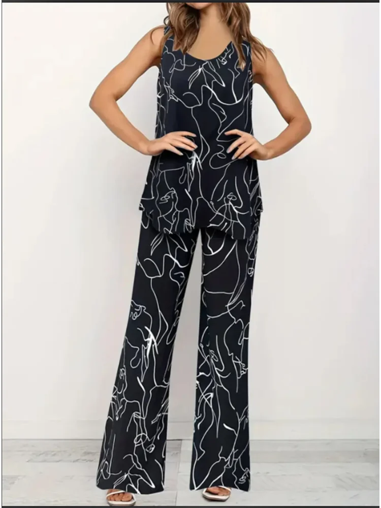 Women's Sleeveless Vest Straight Leg Pants Set Female Printed Black Sleeve Loose Pants Trendy Summer Casual Set