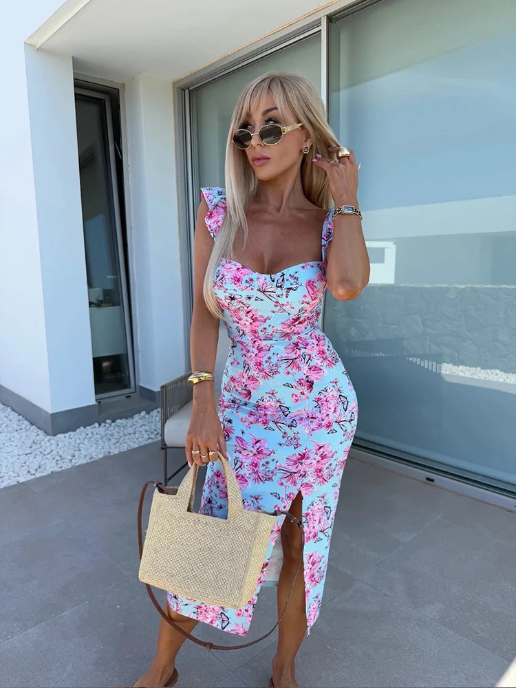 Women's Lemon Print Dress Square Neck Slit Hem Bow Straps Ideal for Summer Vacations Beach Outings Citrus Inspired Styles