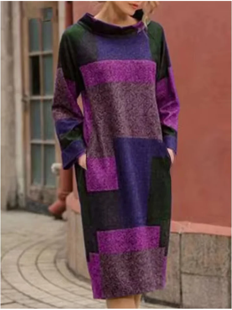 Stylish Pocket Semi High Neck Long Sleeved Checkered Printed Women's Dress Fashion High Street Elegant Casual Autumn Dresses