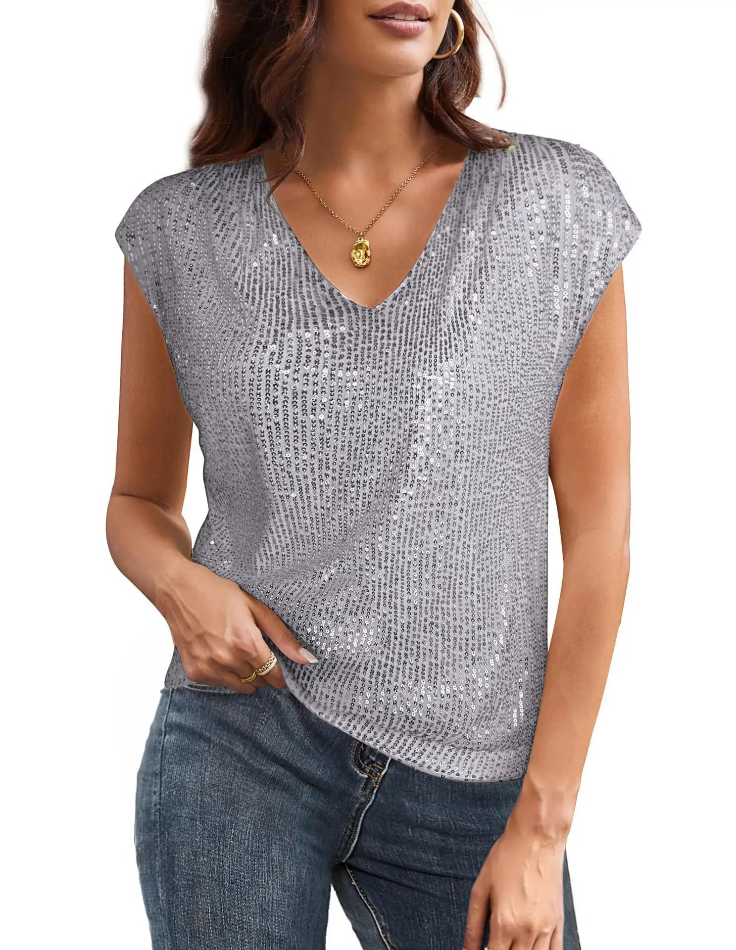 Women's Sparkly Sequin Top V-Neck Cap Sleeve for Stylish Office Days