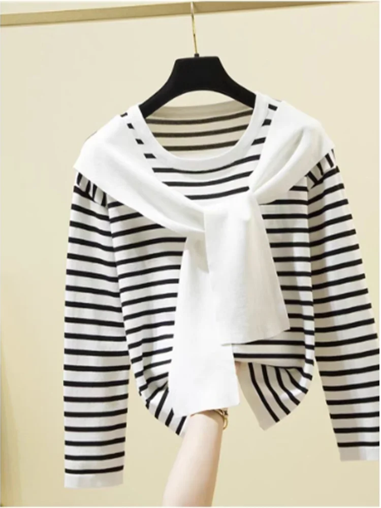 2 In 1 Striped Long Sleeved Navy Collar Autumn Sweater High Street Fashion Casual Comfortable Women's Top