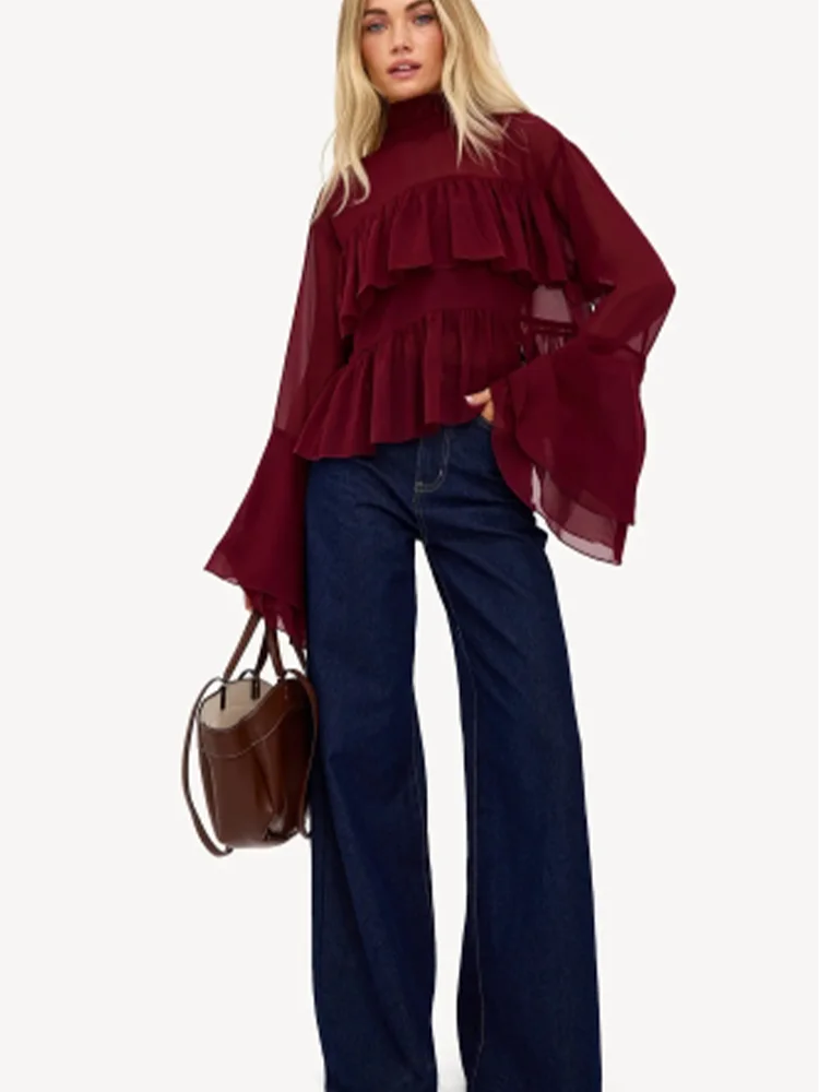 Casual Pleated Ruffled Long Sleeved Solid Color Half High Collar Women's T-shirt Fashion Elegant Daily Commuting Summer Top