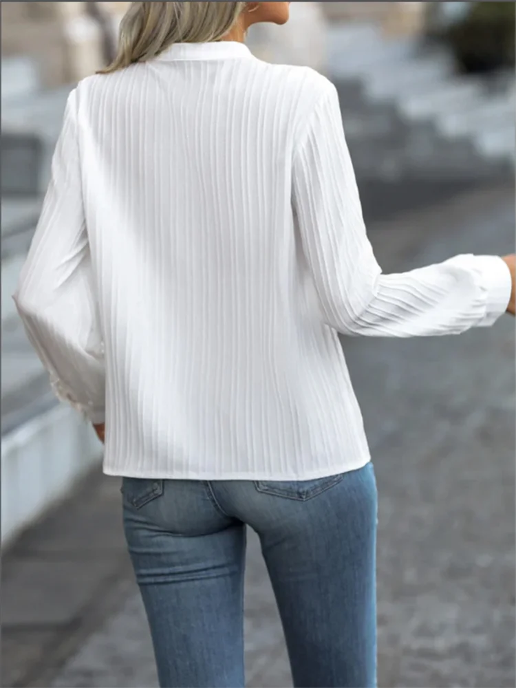 Classic V-Neck Long Sleeve Blouse Women Lace Hollow T-Shirt Fashion Office Lady Autumn Spring Top