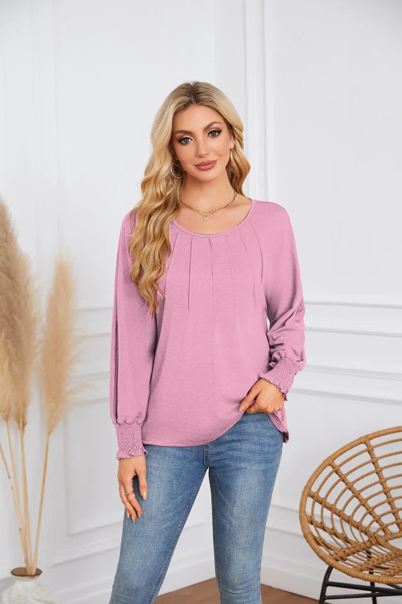 Woman Clothes Solid Color Pleated Top Round Neck Lantern Sleeves Loose Fit Multi Color Options Casual Outings Daily Wear